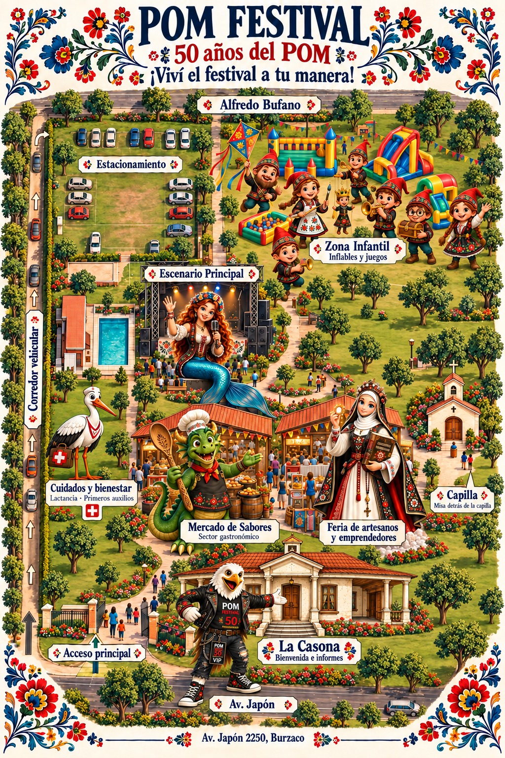 Plano de POM Festival: acceso por Av. Japón, Casona, escenario, Mercado de Sabores, feria, zona infantil, capilla, estacionamiento y cuidados.